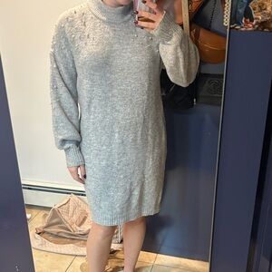 Gray Knit Sweater Dress with pearls